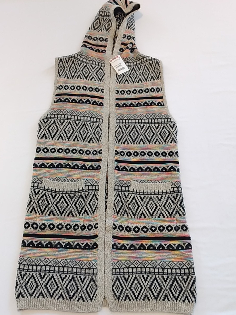 Hooded Sleeveless Knit Wrap Open Cardigan-Multicolor Southwetern Aztec Pattern-L